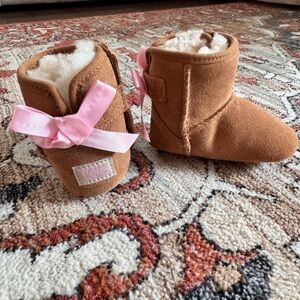 UGG Tan Baby Boots with Pink Ribbon